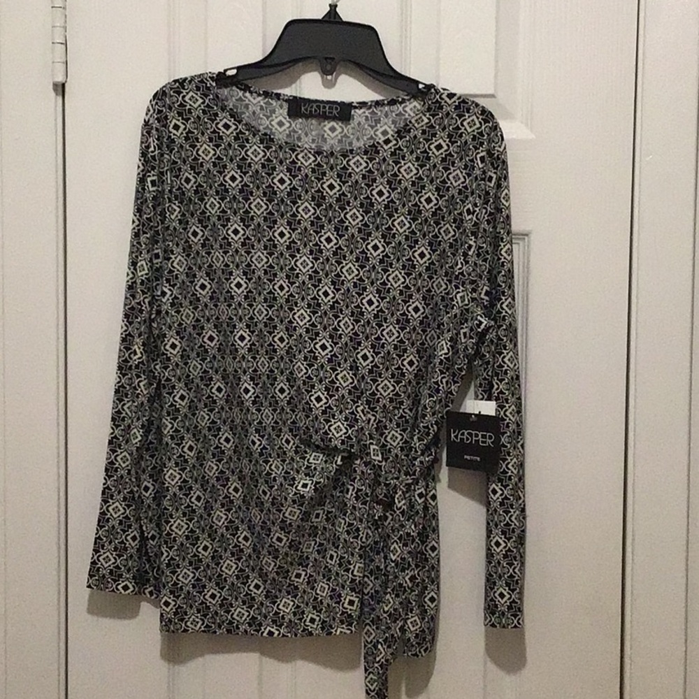 Kasper - Faux Wrap Top- Black and White